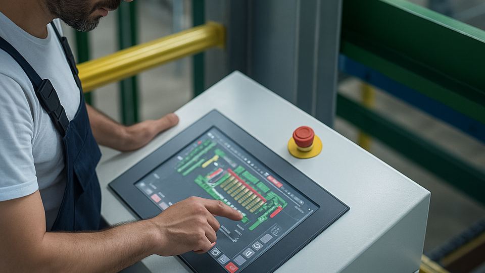 Operador utilizando una pantalla HMI en planta